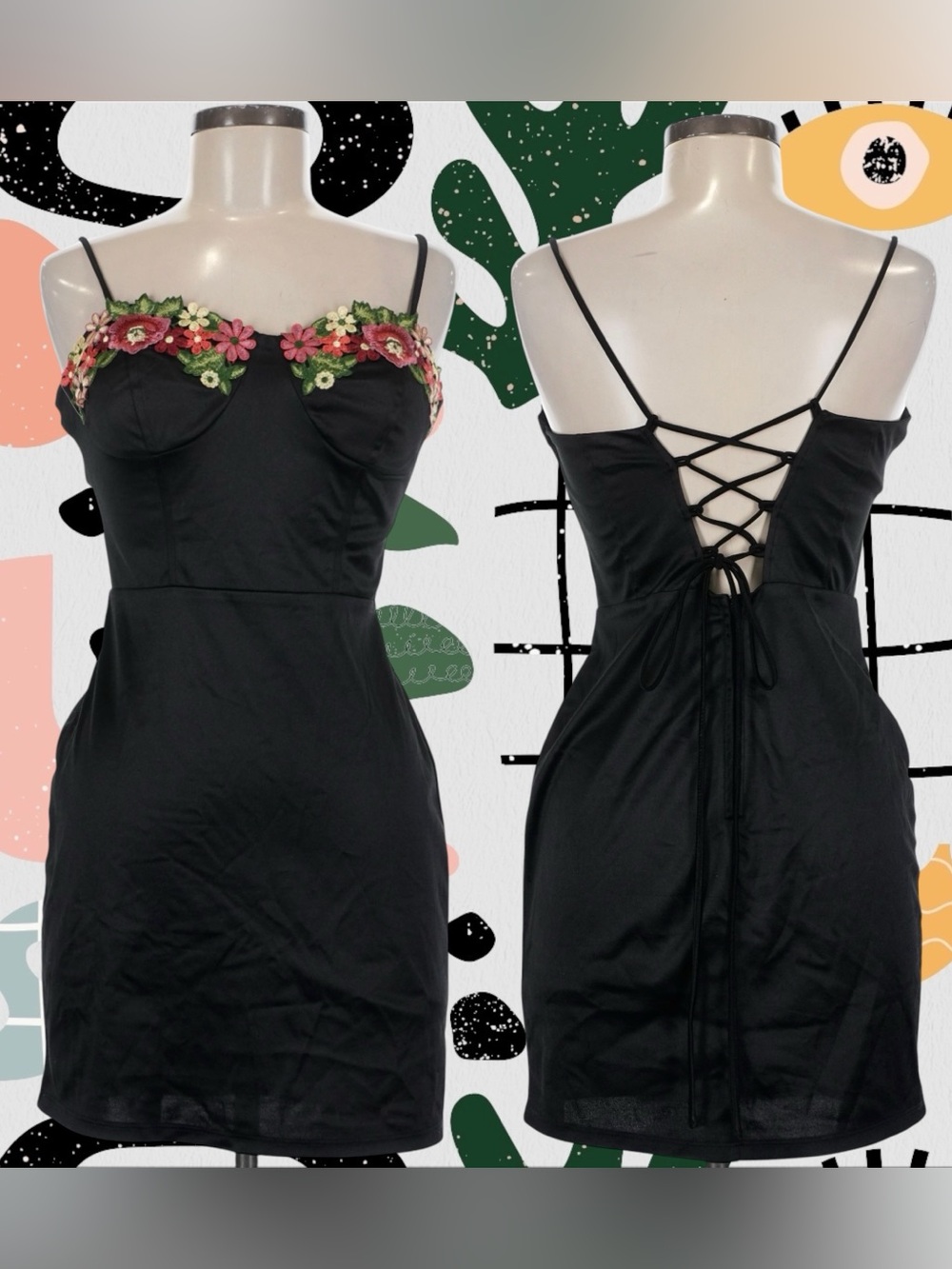 Speechless | Black Satin Floral Embroidered Bust Lace Up Back Mini Dress